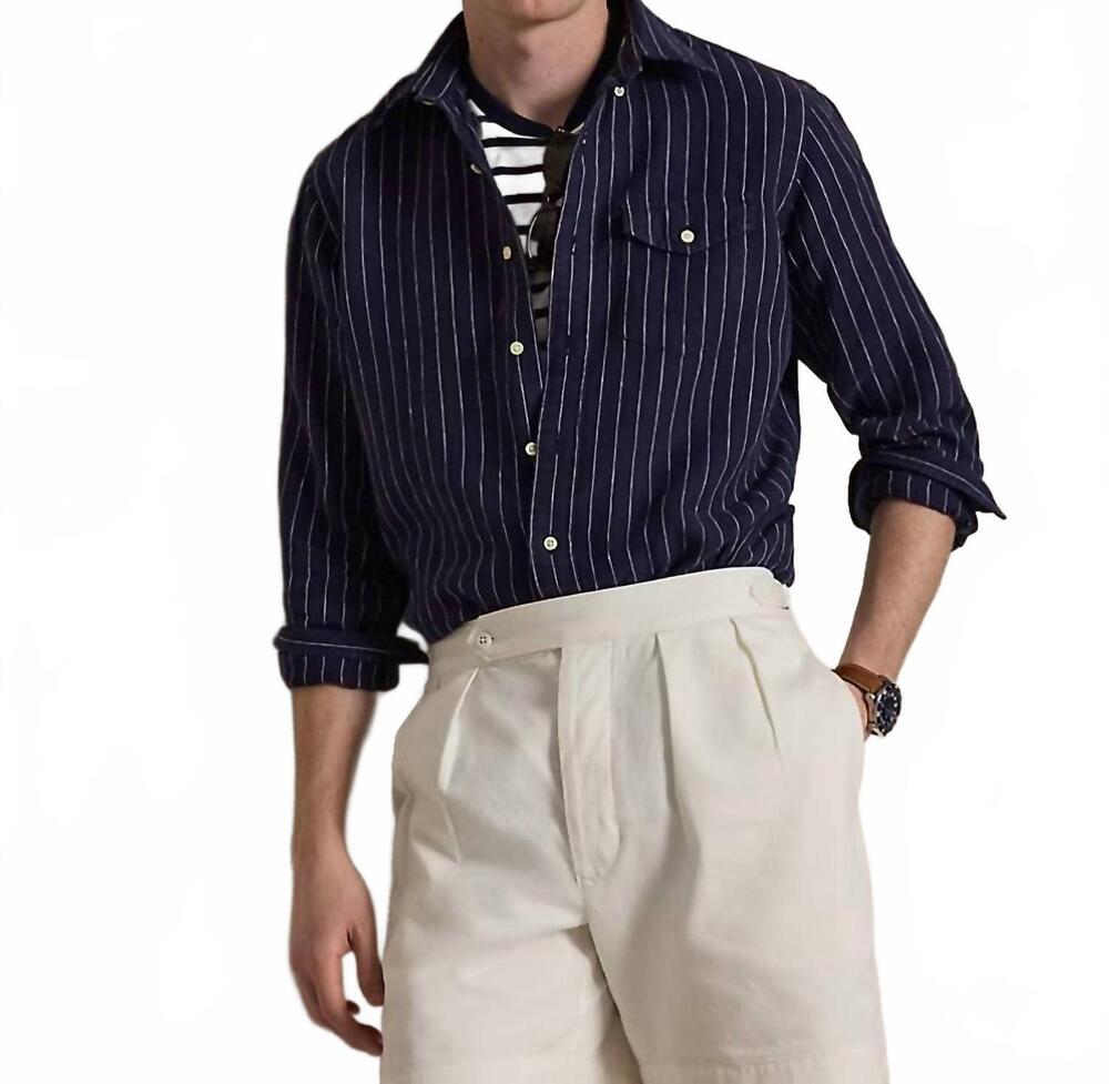 NEW POLO RALPH LAUREN classic fit striped linen shirt in navy white